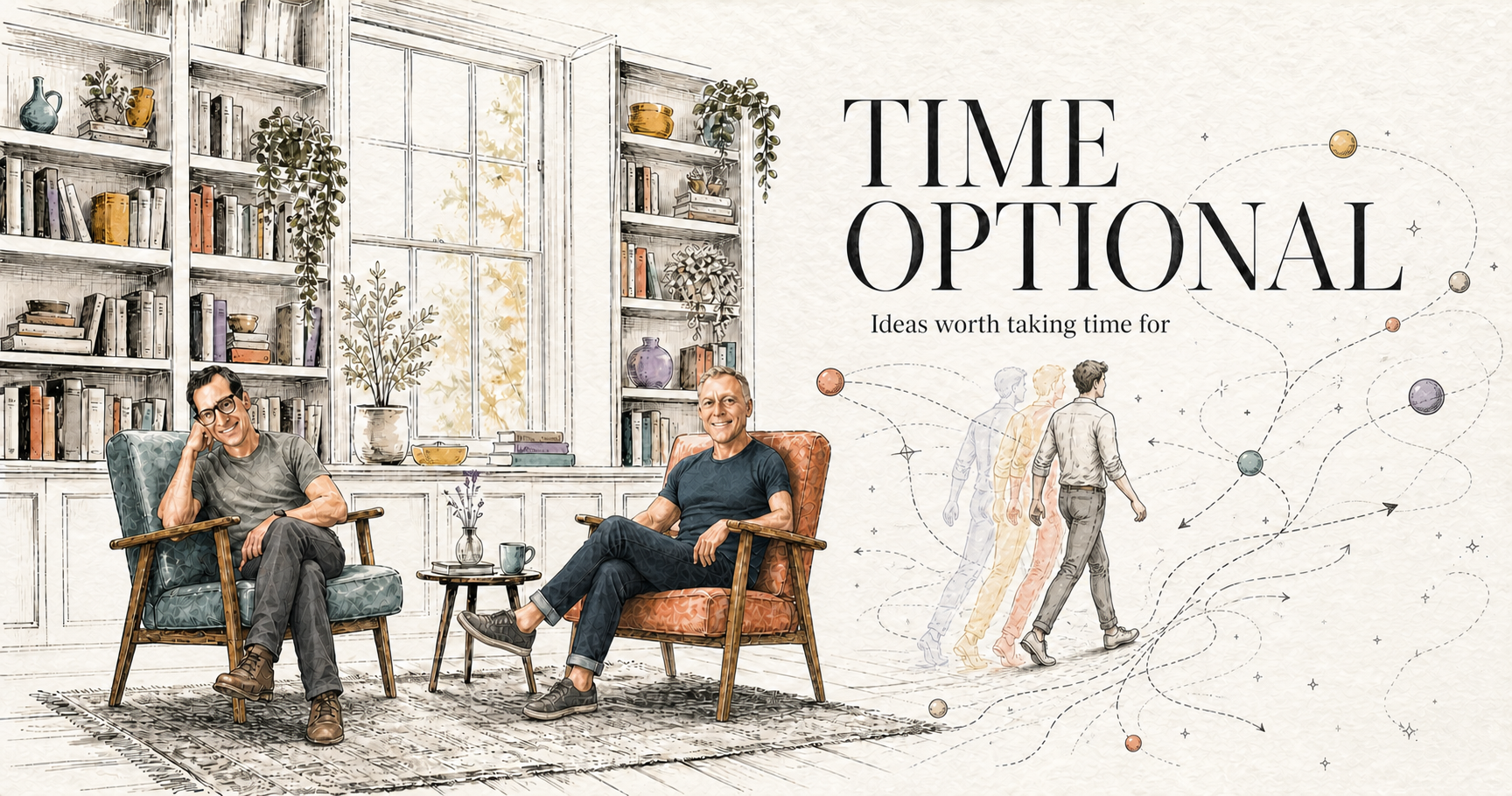 Anthony, dark-haired with black glasses, sits in the blue chair at left; Erik, lighter-haired, sits in the orange chair at right. Their hand-drawn library opens toward the Time Optional title and a walking figure among faint orbital lines, small planets, and stars.