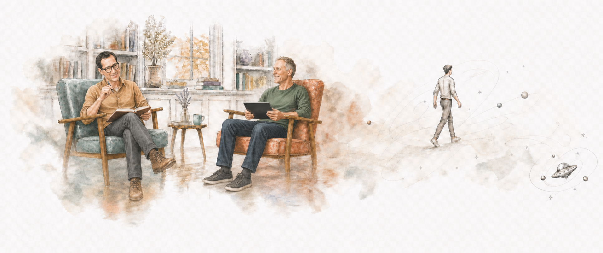 A light illustrated library scene with Anthony reading and making a note in the blue chair at left, Erik holding a slim unbranded tablet in the orange chair at right, and a figure walking away through faint orbital lines.
