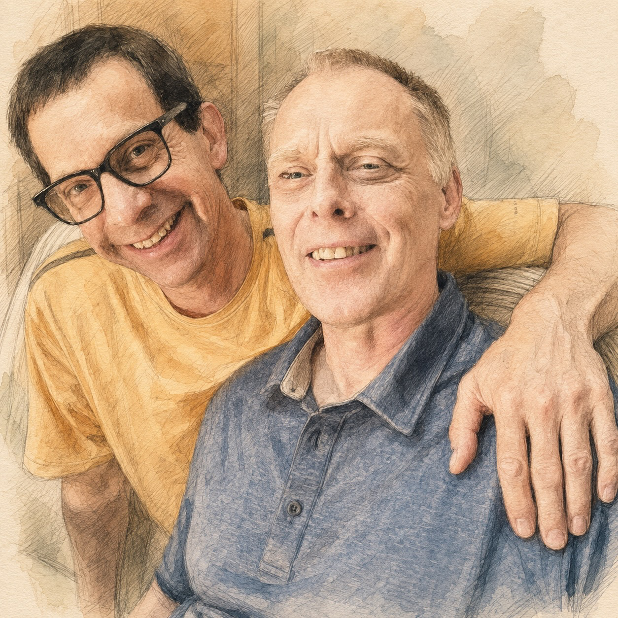 Watercolor portrait of Erik, lighter-haired, seated beside Anthony.